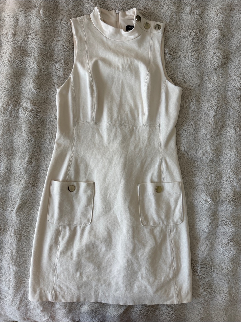 White House Black Market Cream Sleeveless Shift Dress with Snap Details